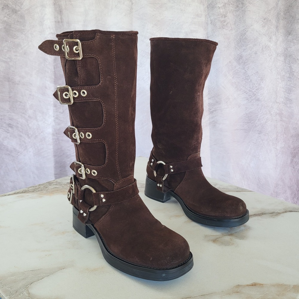 Steve Madden Genuine Suede Leather Harness Biker Boots Brown Size 7 Women's